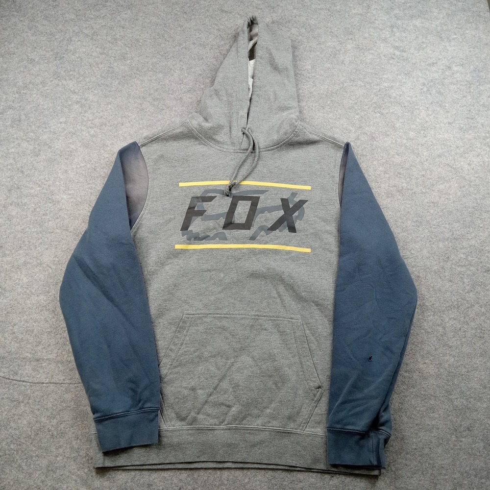 Fox Hoodie Men Medium Gray Blue Logo Graphic Fleece Sweatshirt Sweater Pullover*